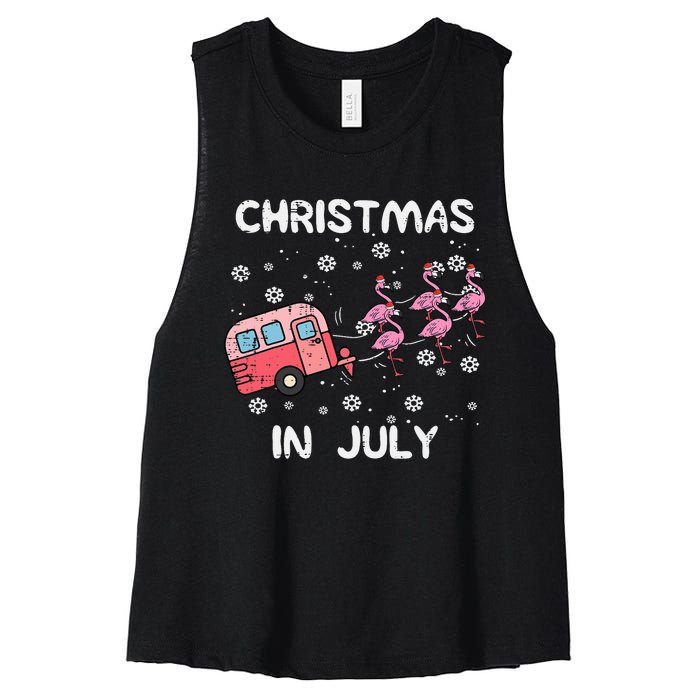 Christmas In July Flamingo Trailer Summer Xmas Camp Camper Women's Racerback Cropped Tank