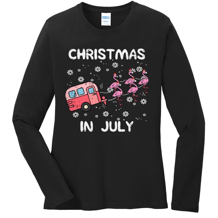 Christmas In July Flamingo Trailer Summer Xmas Camp Camper Ladies Long Sleeve Shirt