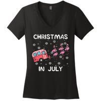 Christmas In July Flamingo Trailer Summer Xmas Camp Camper Women's V-Neck T-Shirt