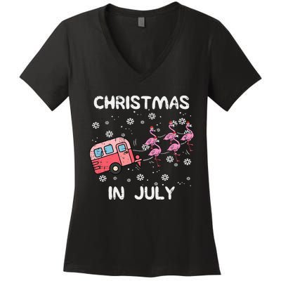 Christmas In July Flamingo Trailer Summer Xmas Camp Camper Women's V-Neck T-Shirt