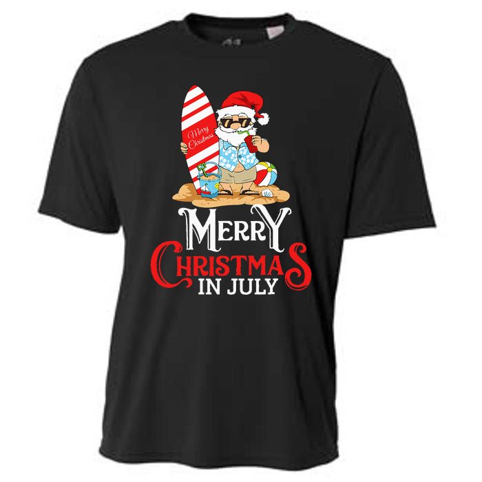 Christmas In July Santa Sunglasses Summer Beach Funny Xmas Cooling Performance Crew T-Shirt