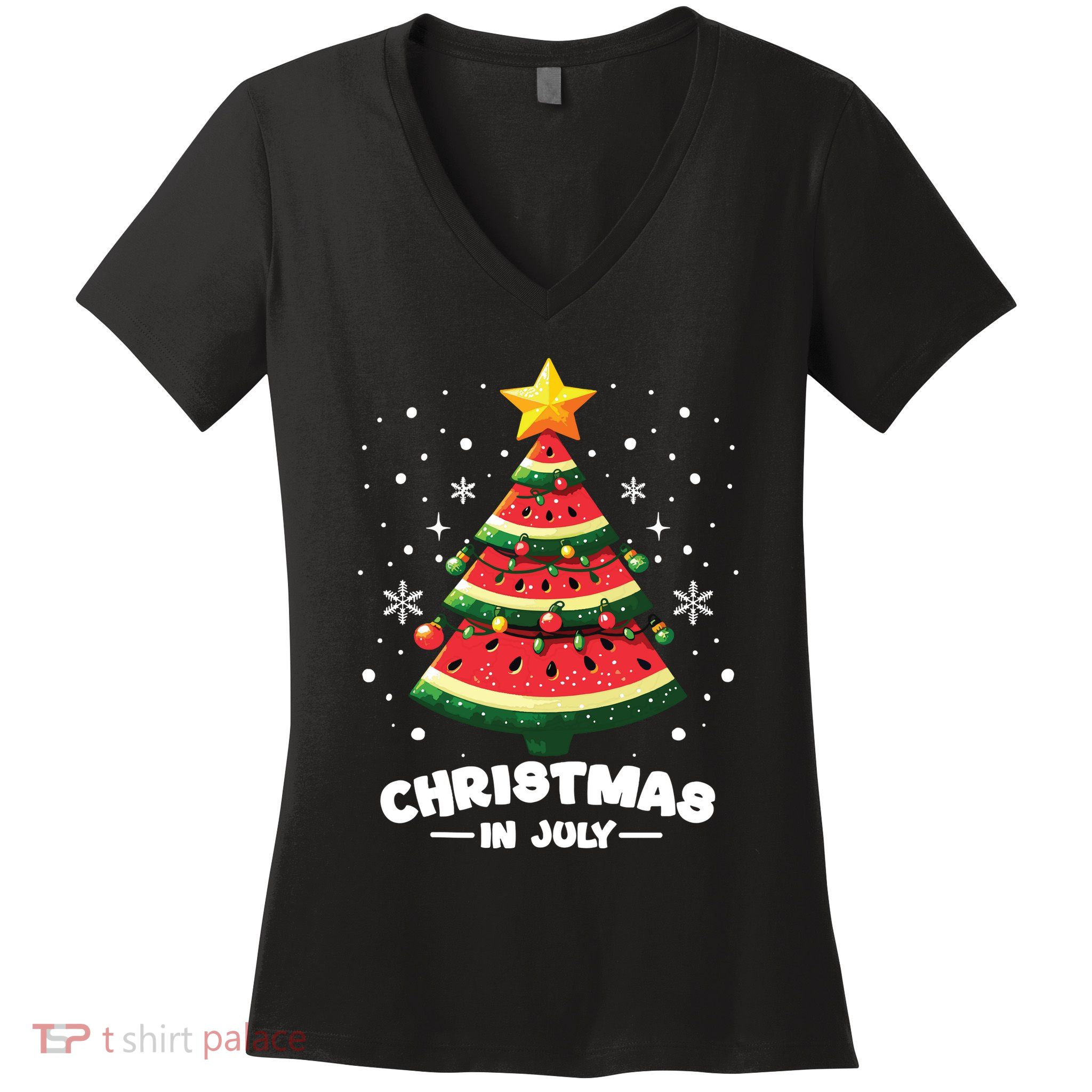 Christmas In July Watermelon Xmas Tree Summer Women's V-Neck T-Shirt