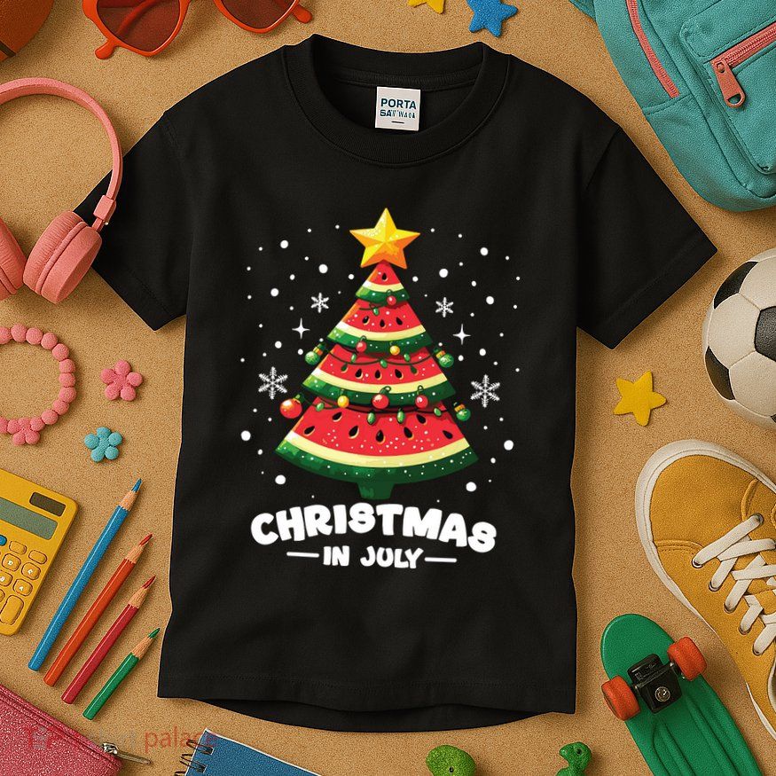Christmas In July Watermelon Xmas Tree Summer Kids T-Shirt
