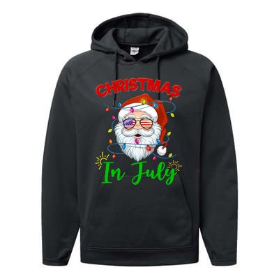 Christmas In July Santa Hat Sunglasses Usa Flag Summer Performance Fleece Hoodie