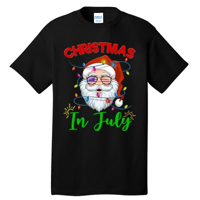 Christmas In July Santa Hat Sunglasses Usa Flag Summer Tall T-Shirt