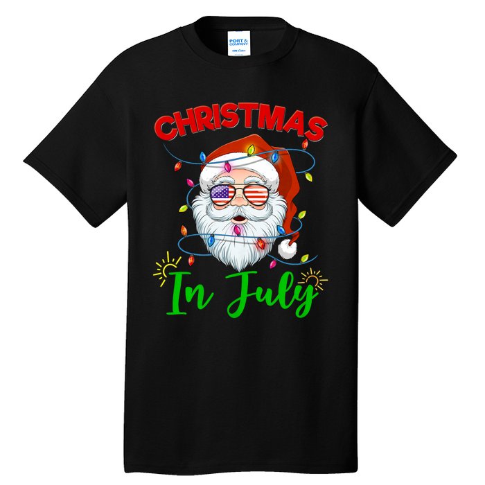 Christmas In July Santa Hat Sunglasses Usa Flag Summer Tall T-Shirt