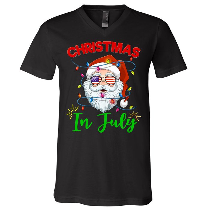 Christmas In July Santa Hat Sunglasses Usa Flag Summer V-Neck T-Shirt