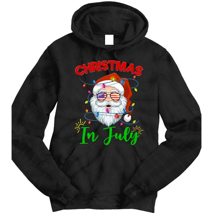 Christmas In July Santa Hat Sunglasses Usa Flag Summer Tie Dye Hoodie