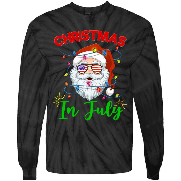 Christmas In July Santa Hat Sunglasses Usa Flag Summer Tie-Dye Long Sleeve Shirt