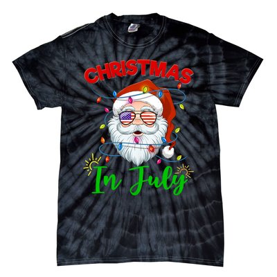 Christmas In July Santa Hat Sunglasses Usa Flag Summer Tie-Dye T-Shirt