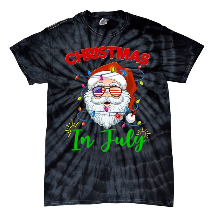 Christmas In July Santa Hat Sunglasses Usa Flag Summer Tie-Dye T-Shirt