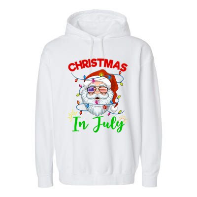 Christmas In July Santa Hat Sunglasses Usa Flag Summer Garment-Dyed Fleece Hoodie