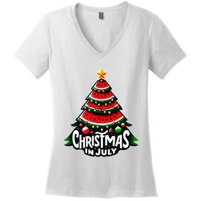 Christmas In July Watermelon Xmas Tree Summer Women's V-Neck T-Shirt