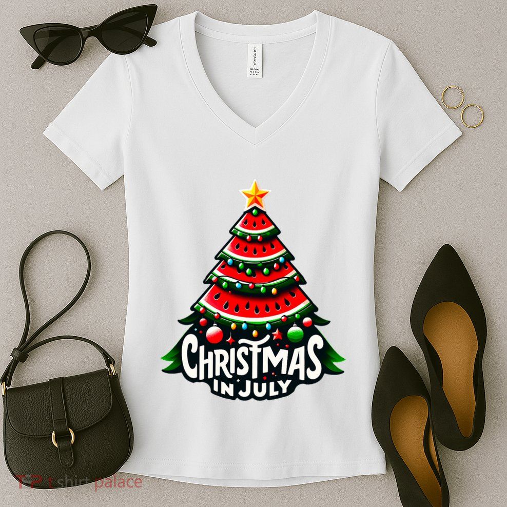 Christmas In July Watermelon Xmas Tree Summer Women's V-Neck T-Shirt