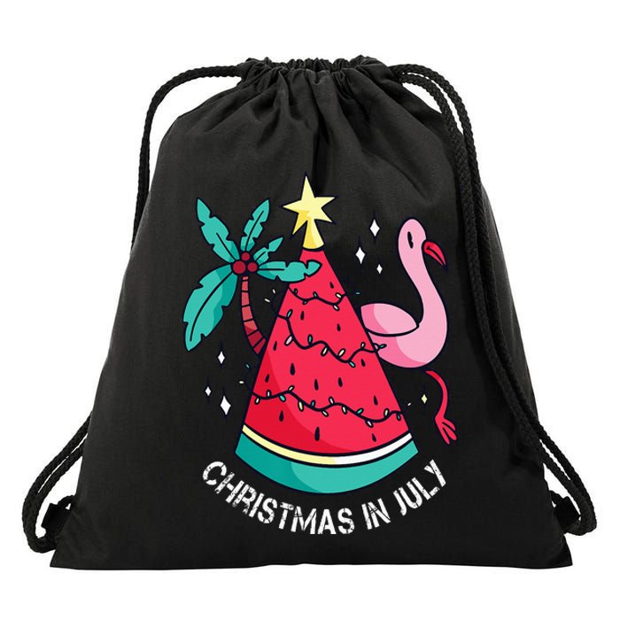 Christmas In July Watermelon Flamingo Xmas Tree Summer Gifts Drawstring Bag