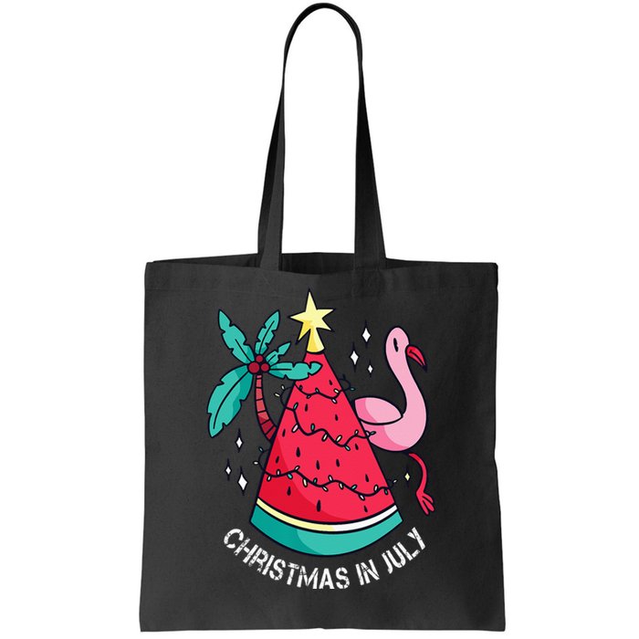 Christmas In July Watermelon Flamingo Xmas Tree Summer Gifts Tote Bag