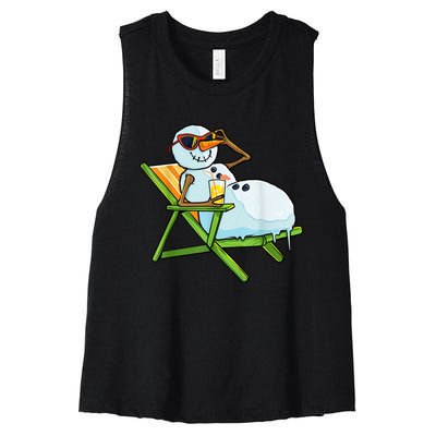 Christmas In July Funny Snowman Beach Summer Hawaiian Xmas Women's Racerback Cropped Tank