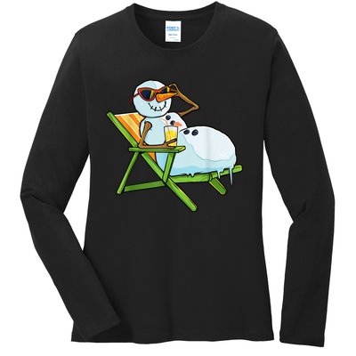 Christmas In July Funny Snowman Beach Summer Hawaiian Xmas Ladies Long Sleeve Shirt