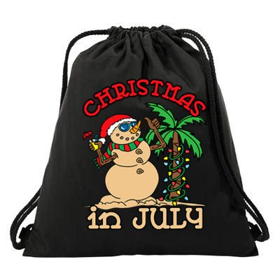 Christmas In July Snowman Sand Palm Tree Summer Drawstring Bag