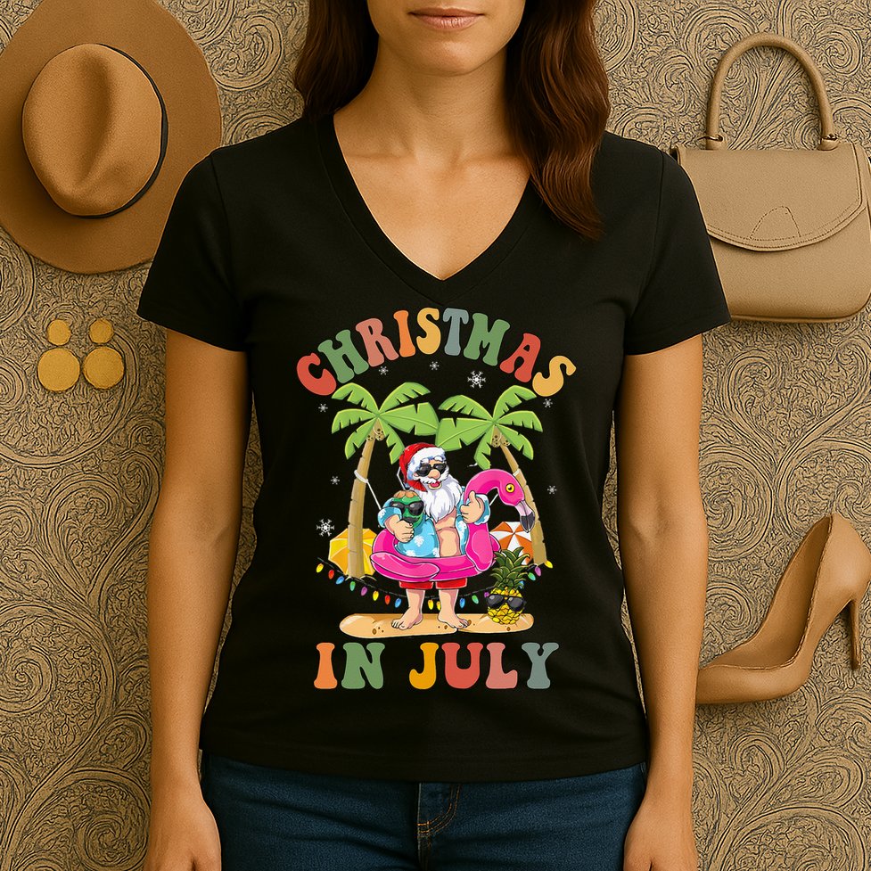 Christmas In July Funny Santa Summer Beach Vacation Women's V-Neck T-Shirt