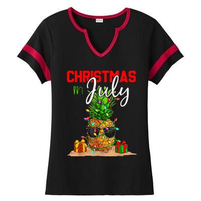 Christmas in July Santa Hat Summer Beach Vacation Xmas Ladies Halftime Notch Neck Tee