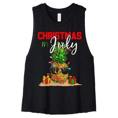 Christmas in July Santa Hat Summer Beach Vacation Xmas Women's Racerback Cropped Tank