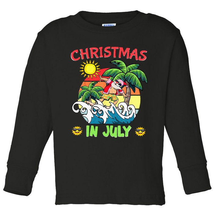 Christmas In July Funny Santa Surfing Summer Beach Vacation Toddler Long Sleeve Shirt