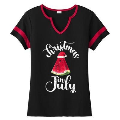 Christmas In July Watermelon Fun Santa Beach Summer Graphic Ladies Halftime Notch Neck Tee