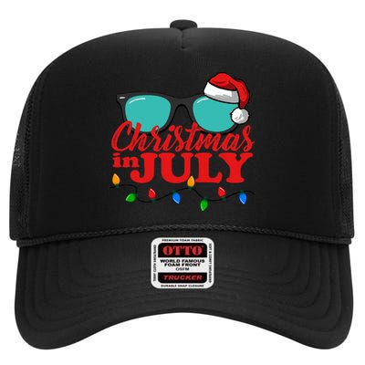 Christmas In July Santa Hat Sunglasses Summer Celebration High Crown Mesh Back Trucker Hat