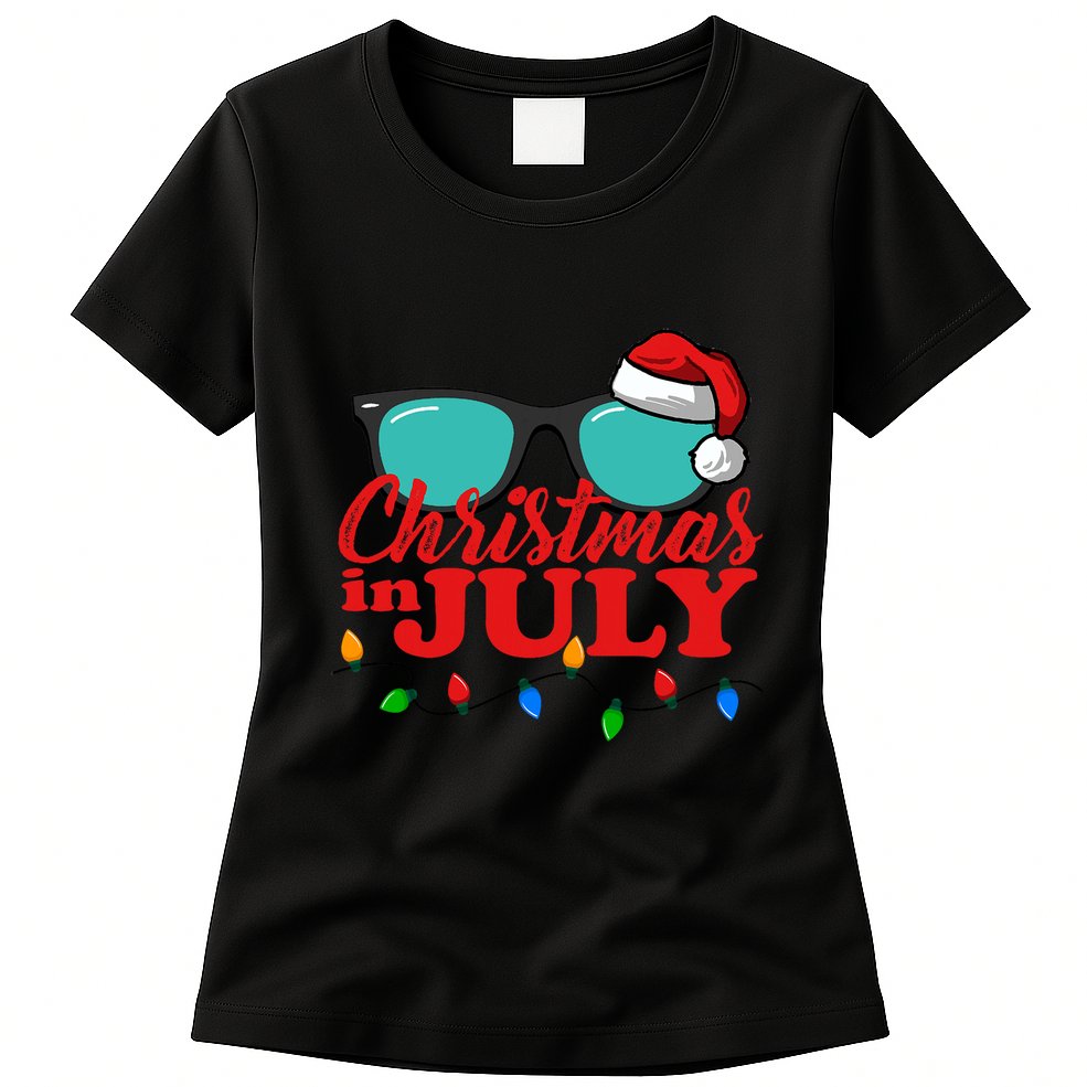Christmas In July Santa Hat Sunglasses Summer Celebration Womens T-Shirt