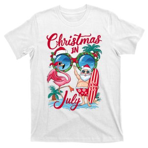 Christmas In July Santa Hawaii Sunglasses Flamingo Summer T-Shirt