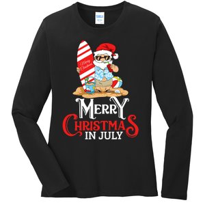 Christmas In July Santa Sunglasses Summer Beach Funny Xmas Ladies Long Sleeve Shirt