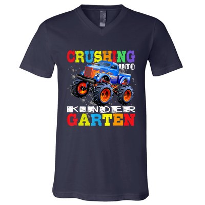 Crushing Into Kindergarten Tee Monster Truck Back To School V-Neck T-Shirt