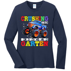 Crushing Into Kindergarten Tee Monster Truck Back To School Ladies Long Sleeve Shirt