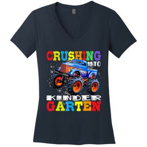 Crushing Into Kindergarten Tee Monster Truck Back To School Women's V-Neck T-Shirt