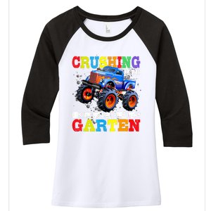 Crushing Into Kindergarten Tee Monster Truck Back To School Women's Tri-Blend 3/4-Sleeve Raglan Shirt