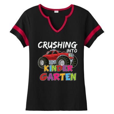 Crushing Into Kindergarten Monster Truck Cute Kindergarten Gift Ladies Halftime Notch Neck Tee