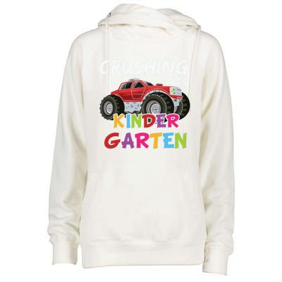 Crushing Into Kindergarten Monster Truck Cute Kindergarten Gift Womens Funnel Neck Pullover Hood