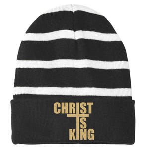 Christ Is King Jesus Is King Cross Crucifix Striped Beanie with Solid Band