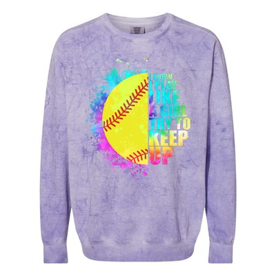 Colorful I Know I Play Like A Girl Try To Keep Up Softball Baseball Colorblast Crewneck Sweatshirt