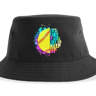 Colorful I Know I Play Like A Girl Try To Keep Up Softball Baseball Sustainable Bucket Hat