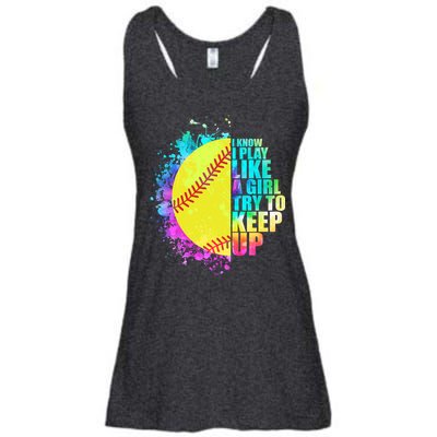 Colorful I Know I Play Like A Girl Try To Keep Up Softball Baseball Ladies Essential Flowy Tank
