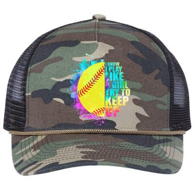 Colorful I Know I Play Like A Girl Try To Keep Up Softball Baseball Retro Rope Trucker Hat Cap