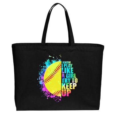 Colorful I Know I Play Like A Girl Try To Keep Up Softball Baseball Cotton Canvas Jumbo Tote