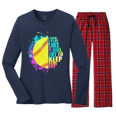 Colorful I Know I Play Like A Girl Try To Keep Up Softball Baseball Women's Long Sleeve Flannel Pajama Set 