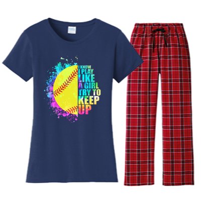 Colorful I Know I Play Like A Girl Try To Keep Up Softball Baseball Women's Flannel Pajama Set