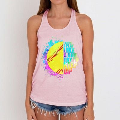 Colorful I Know I Play Like A Girl Try To Keep Up Softball Baseball Women's Knotted Racerback Tank