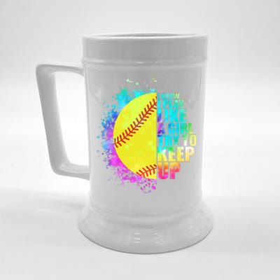 Colorful I Know I Play Like A Girl Try To Keep Up Softball Baseball Beer Stein