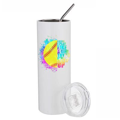 Colorful I Know I Play Like A Girl Try To Keep Up Softball Baseball Stainless Steel Tumbler