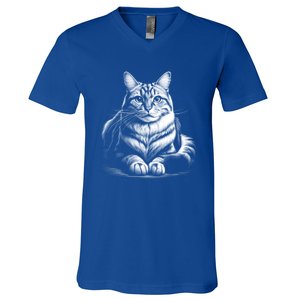 Cat In Lying Pose As Elegant Black And White Portrait Meaningful Gift V-Neck T-Shirt